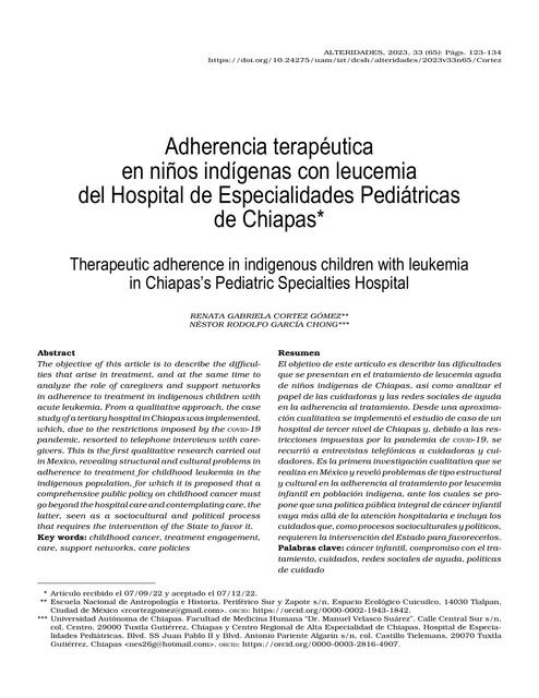 Adherencia terapéutica en niños indígenas con leucemia del Hospital de Especialidades Pediátricas de Chiapas