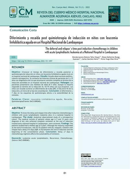 Diferimiento y recaída post quimioterapia de inducción en niños con leucemia linfoblástica aguda en un Hospital Nacional de Lambayeque 