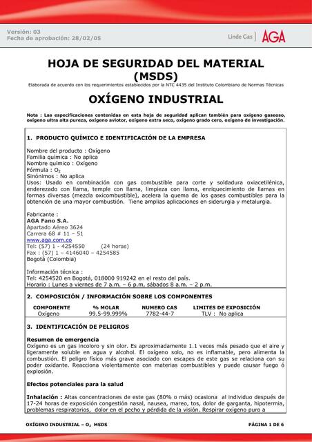 MSDS OXIGENO INDUSTRIAL 1