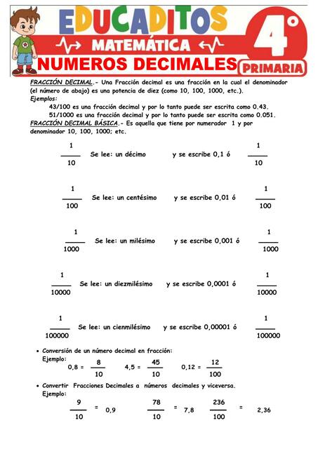 Numeros Decimales para Cuarto Grado de Primaria