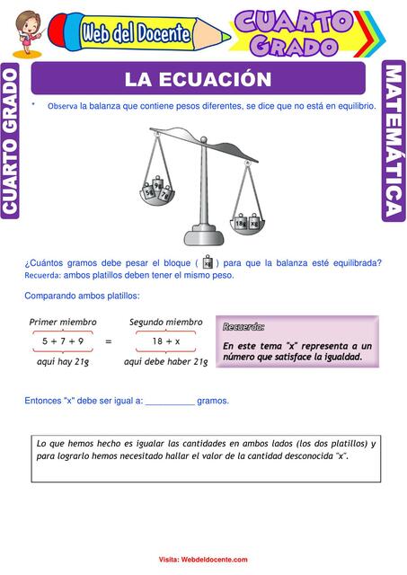 La Ecuación para Cuarto Grado de Primaria