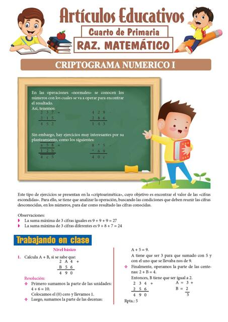 Criptograma Numerico I para Cuarto de Primaria