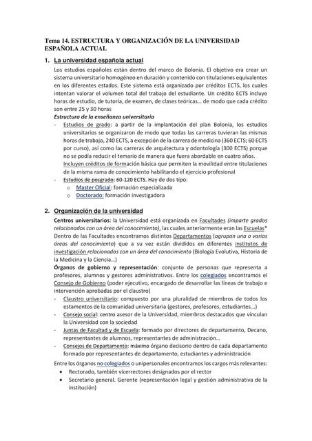 Estructura y organización de la Universidad Española actual 