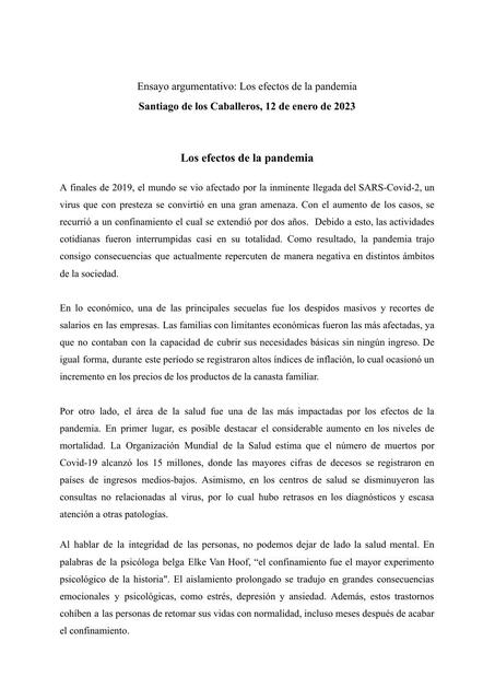 Ensayo argumentativo sobre los efectos de la pandemia