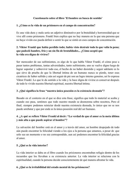 Cuestionario sobre el libro "El hombre en busca de sentido"