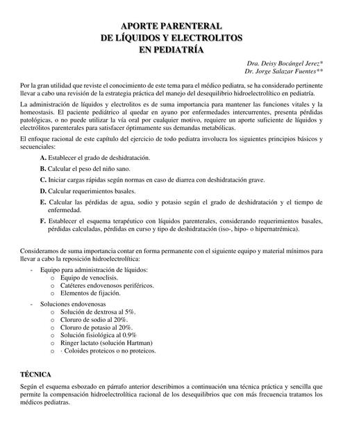 Aporte parenteral de líquidos y electrolitos