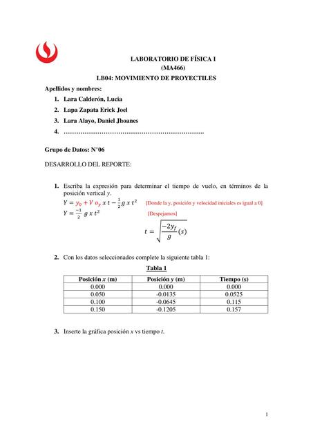 Reporte del laboratorio LB04 Mov Proyectil de Físi