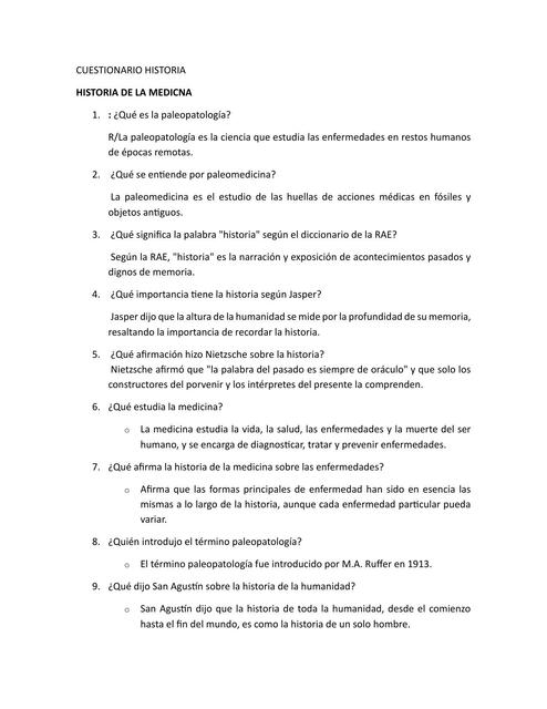 CUESTIONARIO HISTORIA DE LA MEDICINA PRIMER AREA USAM