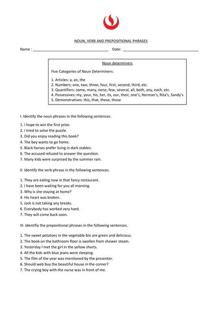 Worksheet Noun Verb and Prepositional phrases