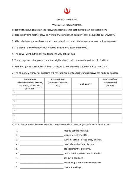 Worksheet Noun phrases