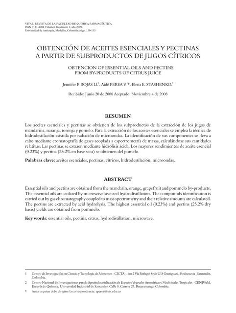 Obtención de aceites esenciales y pectinas de subproductos de jugos citricos