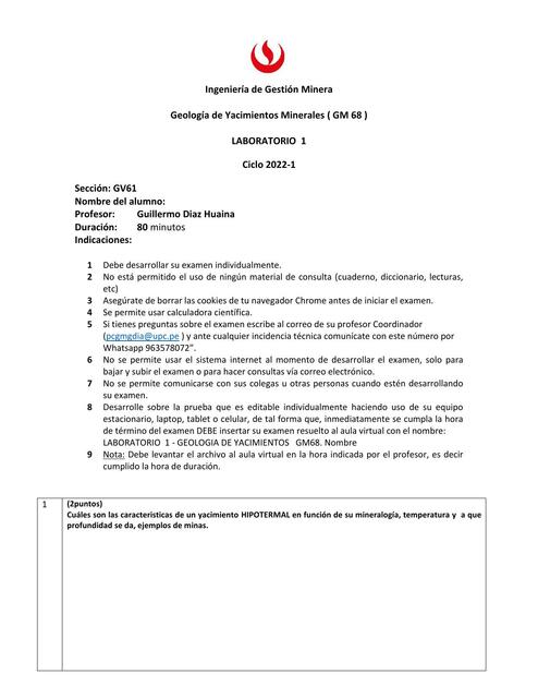 LABORATORIO 1 GEOLOGIA DE YACIMIENTOS MINERALES