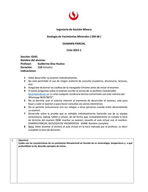 EXANEN PARCIAL GEOLOGIA DE YACIMIENTOS MINERALES