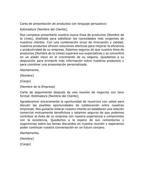 Carta de presentación de productos con lenguaje pe