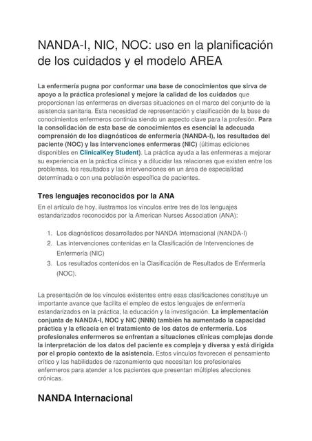 NANDA-I, NIC, NOC: uso en la planificación de los cuidados y el modelo AREA