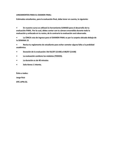 LINEAMIENTOS PARA EL EXAMEN FINAL