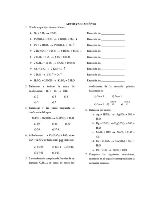 Autoevaluacion de reacciones quimiicas y balanceo