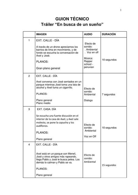 Guion tecnico En busca de un sueño