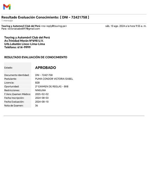 Gmail Resultado Evaluación Conocimiento DNI