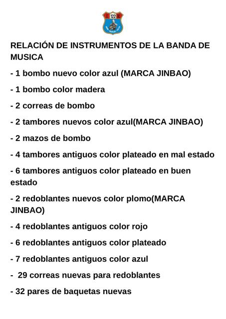 RELACIÓN DE INSTRUMENTOS DE LA BANDA DE MUSICA