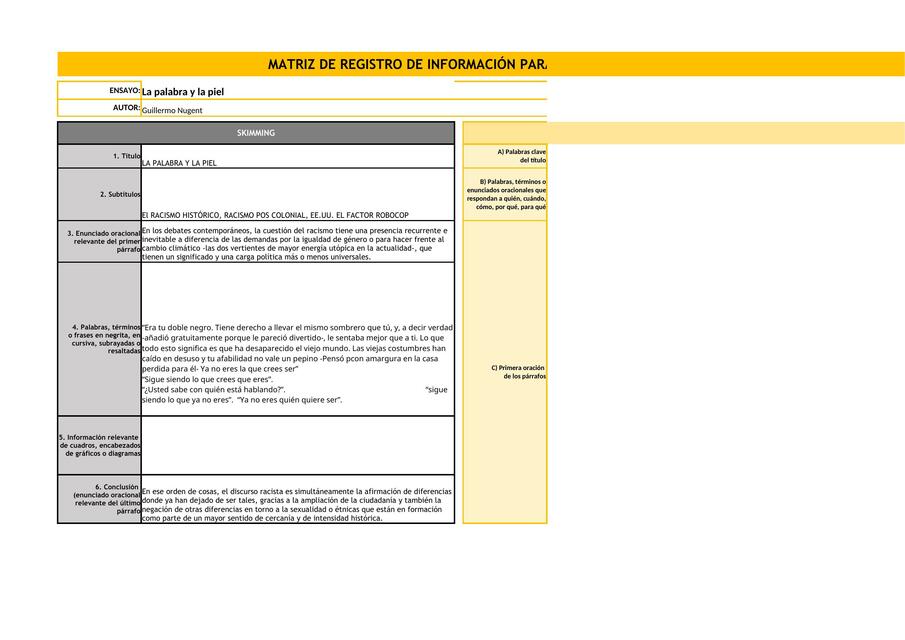 Matriz de registro de información de skimming y sc