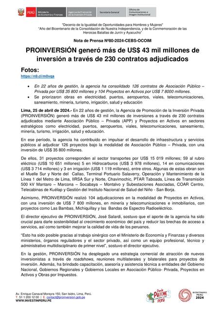 80 NP PROINVERSIÓN en sus 22 anos adjudicó 230 p