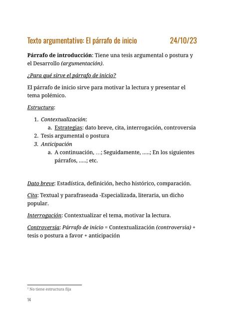 Texto argumentativo. El párrafo de inicio