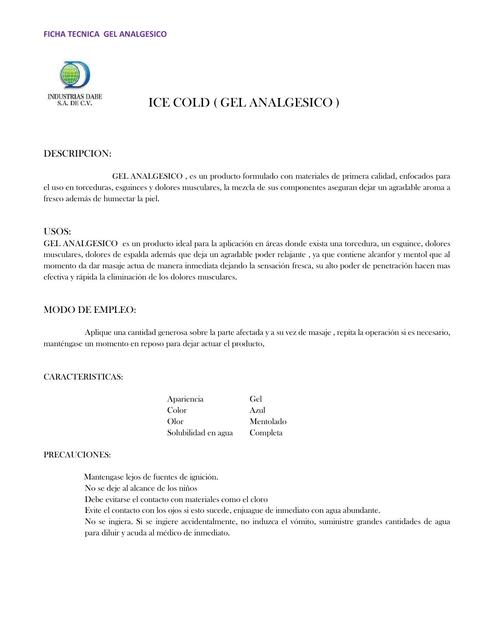 Ficha Técnica Gel analgesico