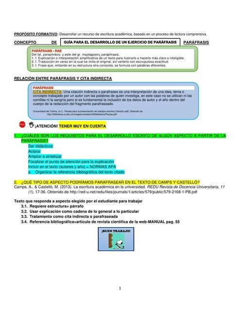 GUÍA PARA EL DESARROLLO DE UN EJERCICIO DE PARÁFRASIS