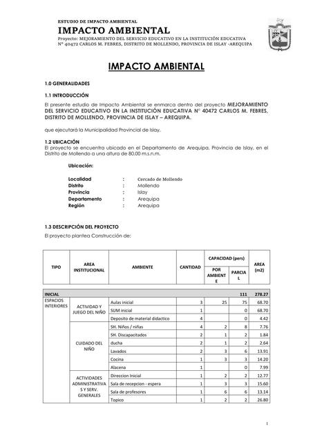 Estudio de Impacto Ambiental del Servicio Educativo