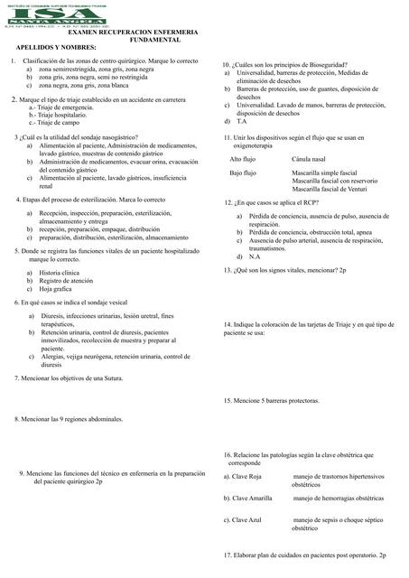 EXAMEN FINAL ENFERMERIA FUNDAMENTAL 3A NOCHE