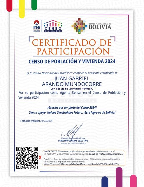 CERTIFICACIÓN DE PARTICIPACIÓN COMO AGENTE CENSAL