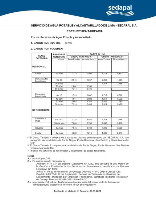 estructura tarifaria agua potable y alcantarillado