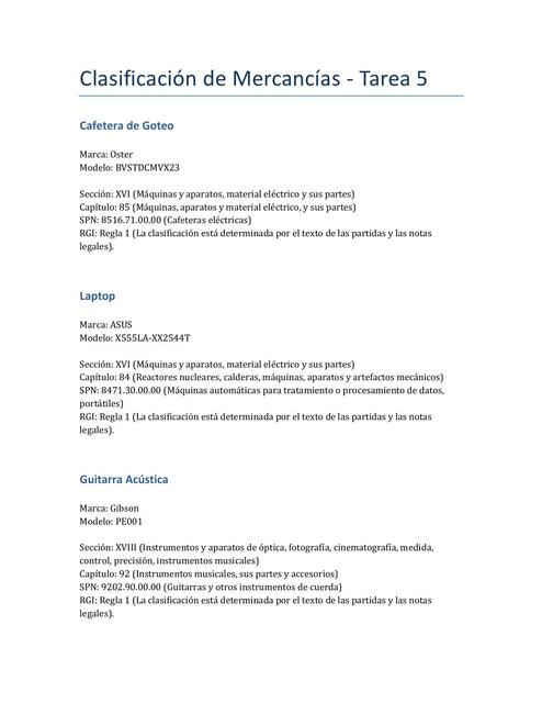 Clasificación Mercancías Tarea 5