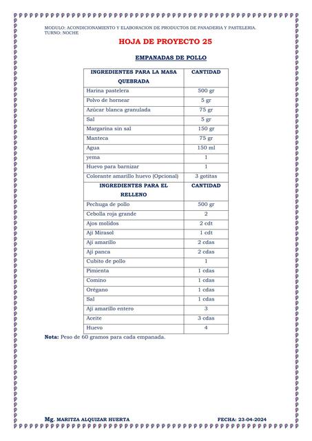 HOJA DE PROYECTO N 25 EMPANADAS DE POLLO