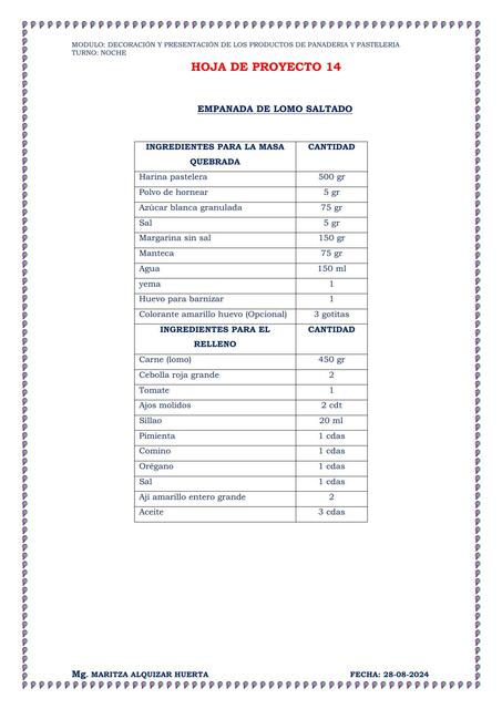 HOJA DE PROYECTO N 14 EMPANADA CON LOMO SALTADO