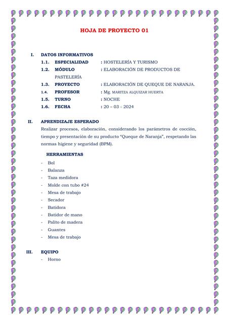 HOJA DE PROYECTO ELABORACIÓN DE ELABORACIÓN DE QUE