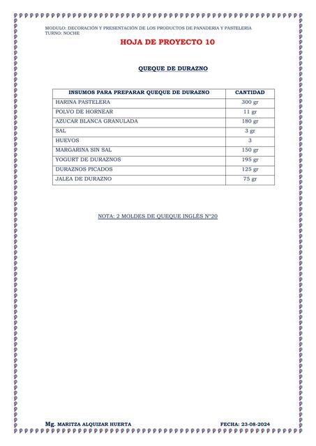 HOJA DE PROYECTO N 10 QUEQUE DE DURAZNO