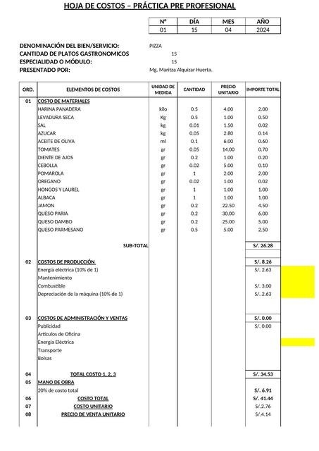 HOJA DE COSTO