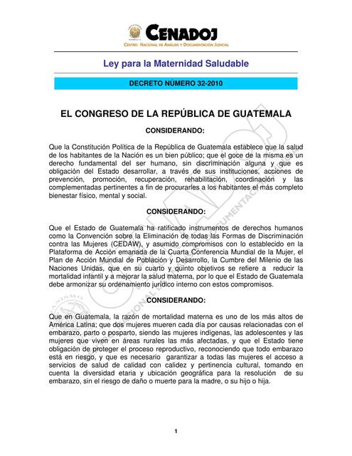 Ley para la maternidad saludable Decreto 32 del co