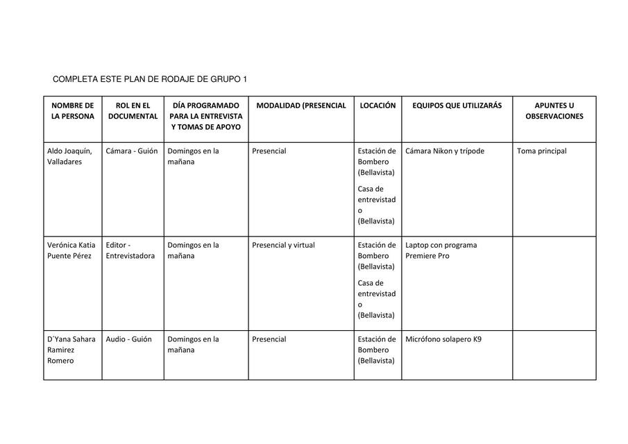 SESIÓN PLAN DE RODAJE Y CUESTIONARIOS UPN GRUPO 1