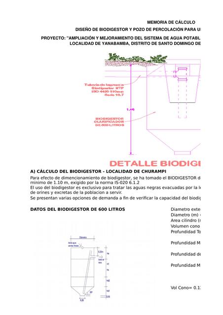 009 CALCULO DEL BIODIGESTOR Y POZO DE INFILTRACION