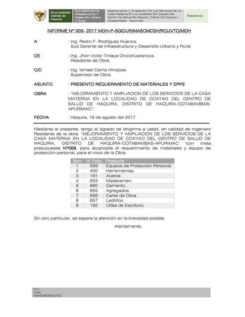 INF N003 Requerimiento de Materiales N01