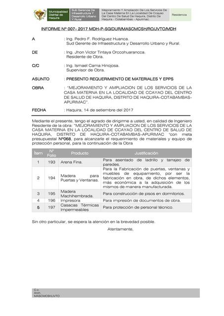 INF N007 Requerimiento de Materales N02