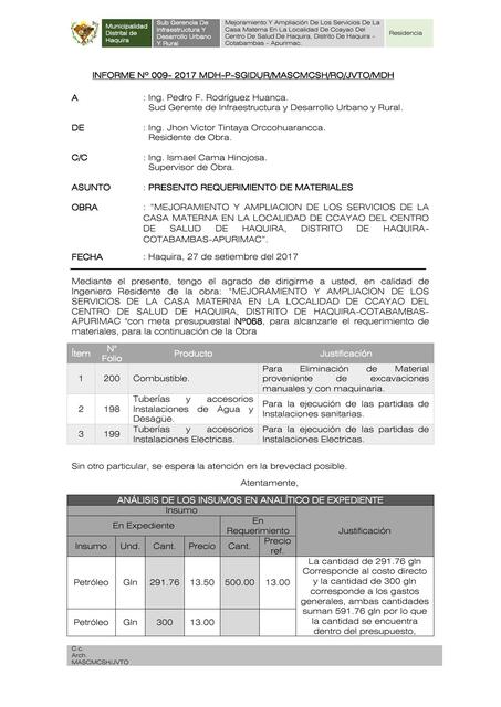 INF N009 Requerimiento de Materales N03