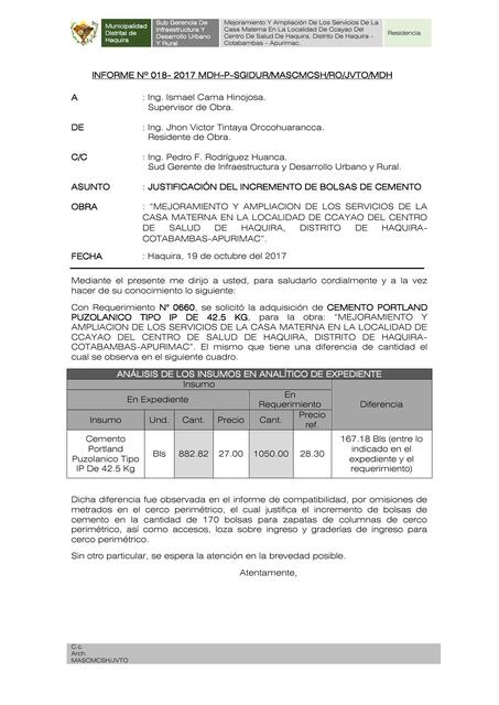 INF N018 Justificacion de Incremento de Cemento