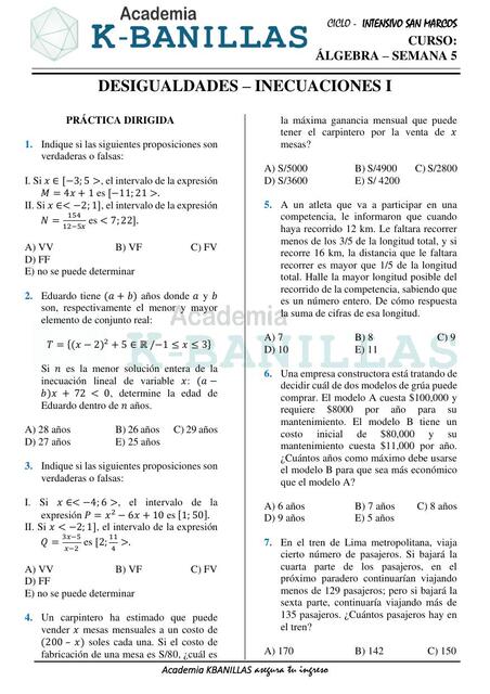 ÁLGEBRA SEMANA 5 DESIGUALDADES INECUACIONES I