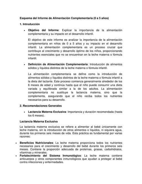 Esquema del Informe de Alimentación Complementaria