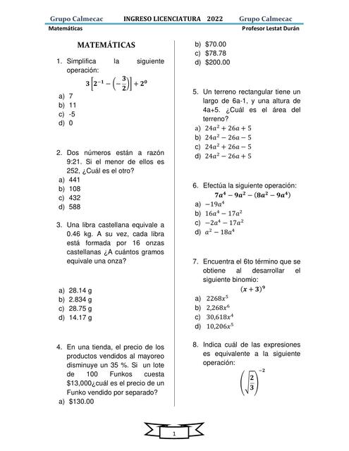 Ejercicios tipo examen pt 1 Mate GC