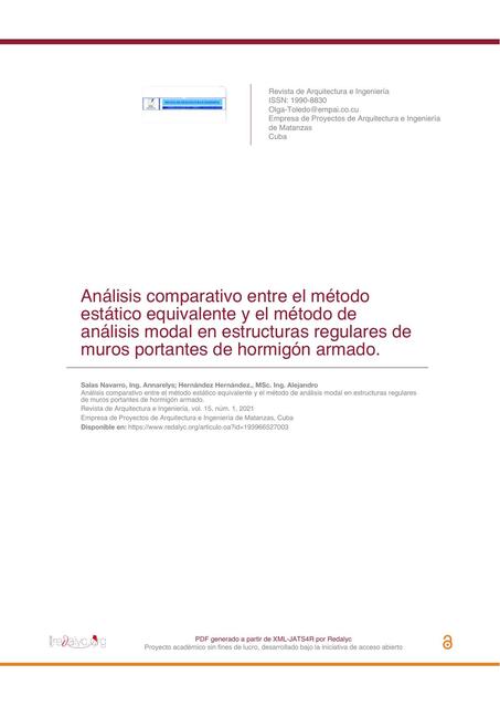 Análisis comparativo entre el método estático equivalente y el método de análisis modal en estructuras regulares de muros portantes de hormigón armado 